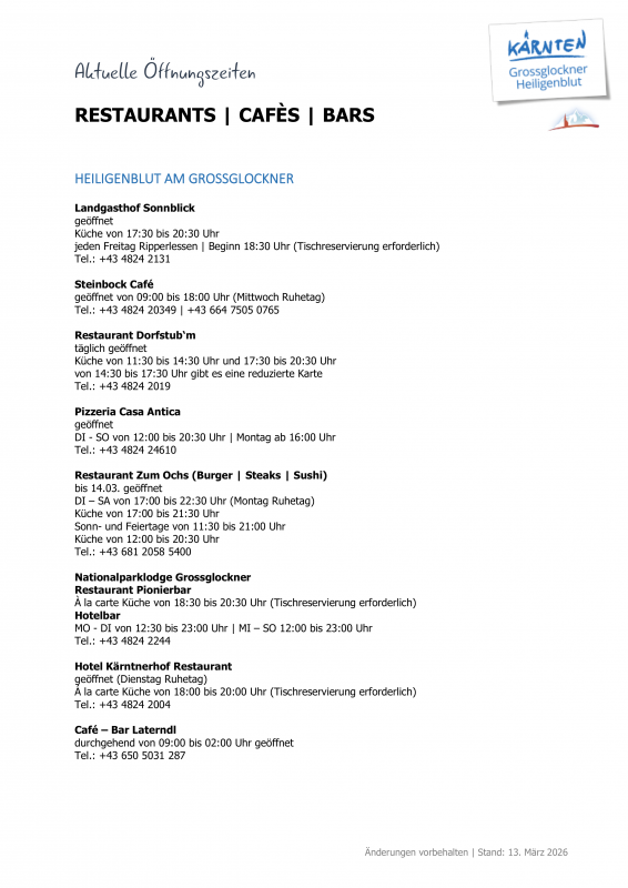 Aktuelle Öffnungszeiten Restaurants, Ausflugsziele, Geschäfte