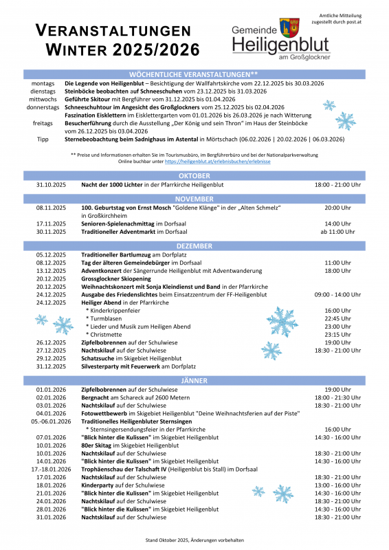 Veranstaltungskalender Heiligenblut Wintersaison 2024/25