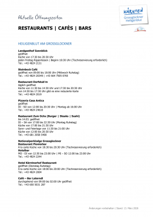 Aktuelle Öffnungszeiten der Restaurants, Hütten, Ausflugsziele und Geschäfte in unserer Region