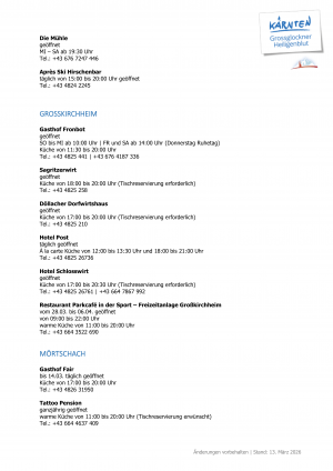 Aktuelle Öffnungszeiten der Restaurants, Hütten, Ausflugsziele und Geschäfte in unserer Region