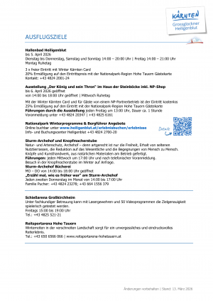 Aktuelle Öffnungszeiten der Restaurants, Hütten, Ausflugsziele und Geschäfte in unserer Region