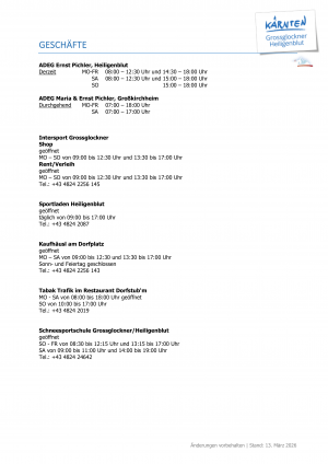Aktuelle Öffnungszeiten der Restaurants, Hütten, Ausflugsziele und Geschäfte in unserer Region