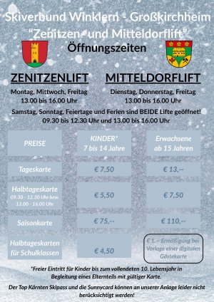 Preise Dorflifte Großkichheim + Winklern 2025/26. Unsere Gäste erhalten 1,- € Ermässigung auf die Liftkarten!